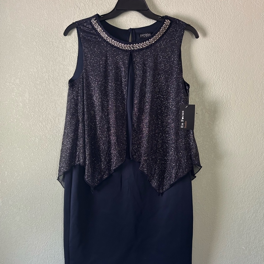 Enfocus Studio Navy and Silver Asymmetrical Dress